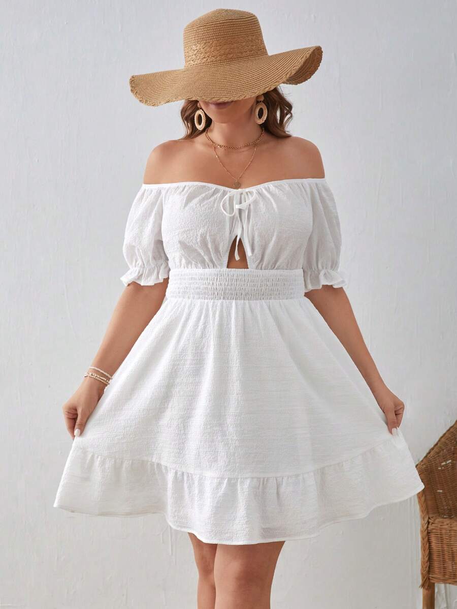 SHEIN VCAY Hơn Off Shoulder Tie Trước Xù Hoa Sen Đầm - trắng - Xem 1