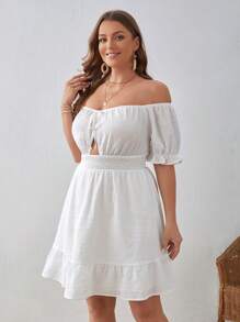SHEIN VCAY Hơn Off Shoulder Tie Trước Xù Hoa Sen Đầm - trắng - Xem 5