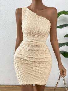 SHEIN Privé One Shoulder Lettuce Trim Bodycon Dress - Apricot - View 5