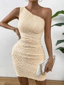 SHEIN Privé One Shoulder Lettuce Trim Bodycon Dress - Apricot - View 6