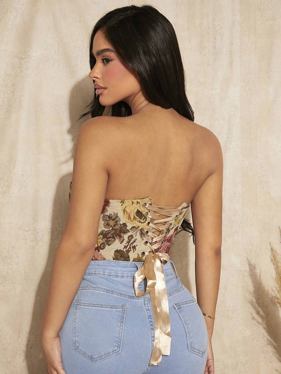 SHEIN SXY In hoa Ren hở lưng Áo Tube Crop - Màu be - Xem 1