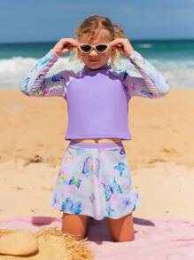 Tween Girl 蝴蝶印花高领防晒衣 搭配 沙滩裙 夏季海滩 - 彩色 - 查看 5