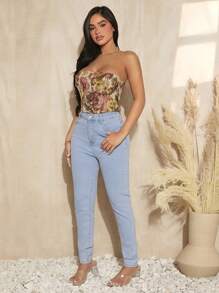SHEIN SXY In hoa Ren hở lưng Áo Tube Crop - Màu be - Xem 7