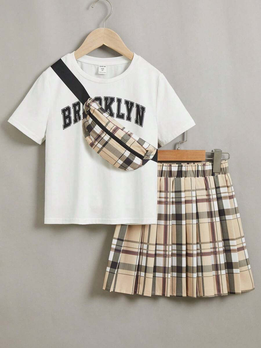 SHEIN Bộ hai mảnh Gái Xếp li Lá thư Sọc ca rô Giải trí - Nhiều màu - Xem 1