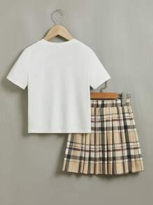 SHEIN Bộ hai mảnh Gái Xếp li Lá thư Sọc ca rô Giải trí - Nhiều màu - Xem 2