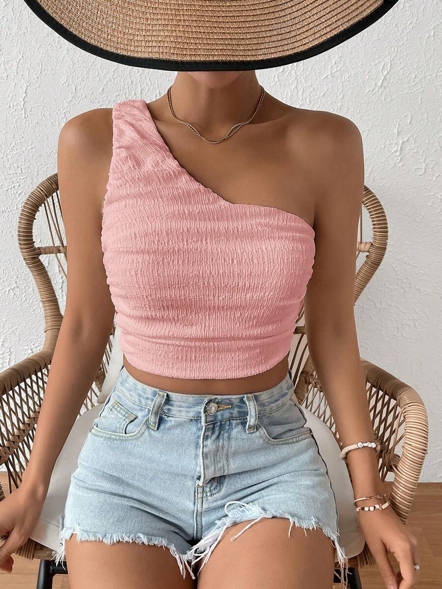 SHEIN VCAY Một bờ vai Viền ven Top Cây trồng - Màu Hồng baby - Xem 1