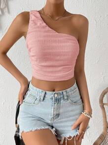 SHEIN VCAY Một bờ vai Viền ven Top Cây trồng - Màu Hồng baby - Xem 4