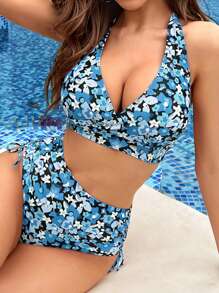 SHEIN Swim Floral Print Halter Bikini Set - Multicolor - View 1