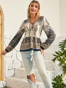 S BETRO Blouse Péplum Imprimé À Lacets - Multicolore - Voir 5