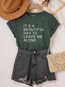 SHEIN LUNE Slogan Graphic Tee - Dark Green - View 1