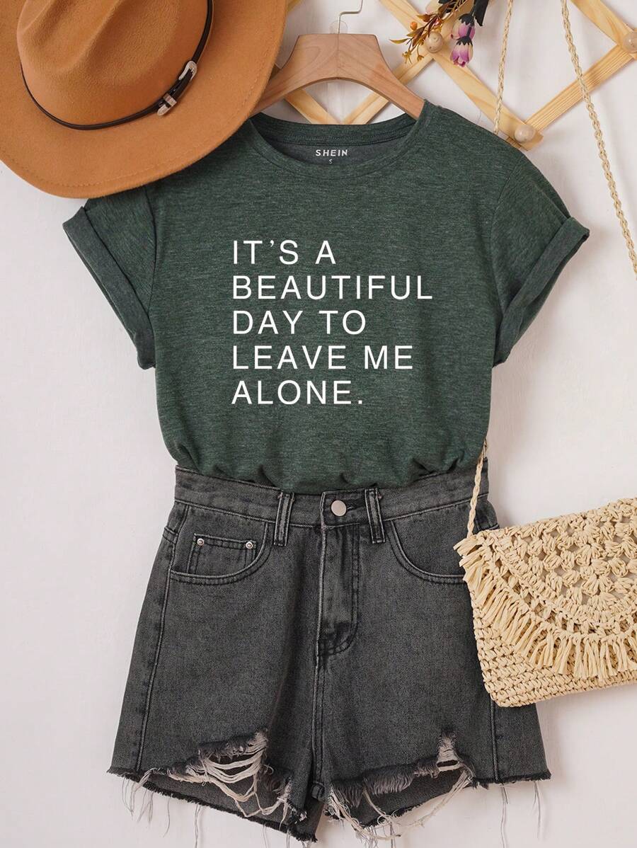 SHEIN LUNE Slogan Graphic Tee - Dark Green - View 1
