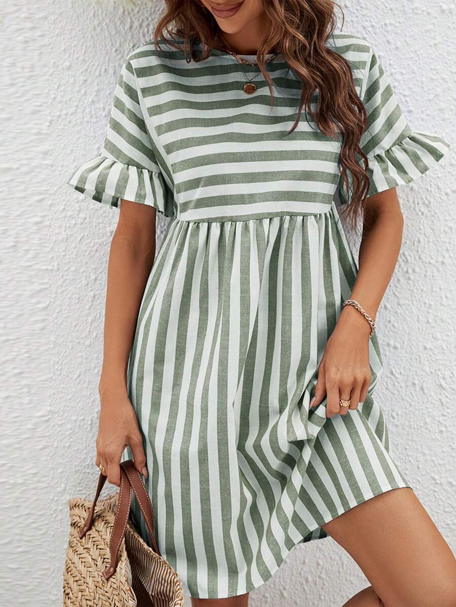 SHEIN VCAY In sọc Tay áo loe Váy Smock - xanh quân đội - Xem 1