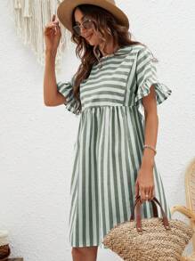 SHEIN VCAY In sọc Tay áo loe Váy Smock - xanh quân đội - Xem 3