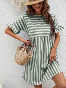 SHEIN VCAY In sọc Tay áo loe Váy Smock - xanh quân đội - Xem 4