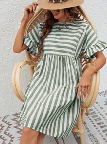 SHEIN VCAY In sọc Tay áo loe Váy Smock - xanh quân đội - Xem 5