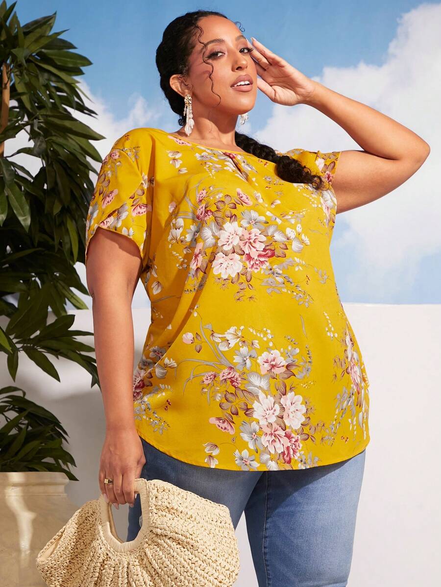 SHEIN CURVE+ 大碼印花鎖眼領弧形下擺襯衫 - 黃色 - 查看 1