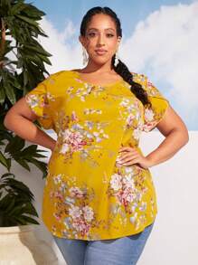 SHEIN CURVE+ 大碼印花鎖眼領弧形下擺襯衫 - 黃色 - 查看 4