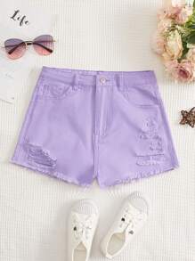 SHEIN Teen Girl Ripped Raw Hem Denim Shorts - Lilac Purple - View 1