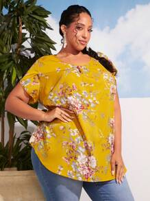 SHEIN CURVE+ 大碼印花鎖眼領弧形下擺襯衫 - 黃色 - 查看 6