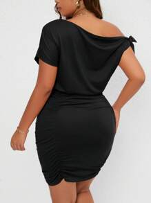 INAWLY Plus Asymmetrical Neck Knot Detail Ruched Bodycon Dress - Black - View 2