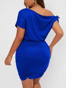 INAWLY 大碼不對稱領打結細節褶邊緊身連衣裙 - 藍色 - 查看 2