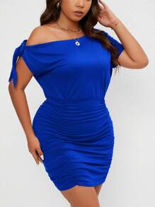INAWLY 大碼不對稱領打結細節褶邊緊身連衣裙 - 藍色 - 查看 3