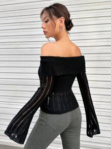 SHEIN EZwear Off Shoulder Gấp lại Tay áo loe Áo len - màu đen - Xem 2