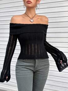 SHEIN EZwear Off Shoulder Gấp lại Tay áo loe Áo len - màu đen - Xem 4