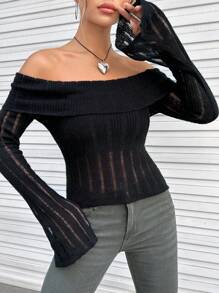 SHEIN EZwear Off Shoulder Gấp lại Tay áo loe Áo len - màu đen - Xem 1