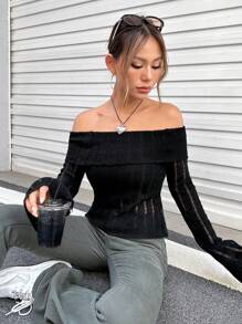 SHEIN EZwear Off Shoulder Gấp lại Tay áo loe Áo len - màu đen - Xem 5