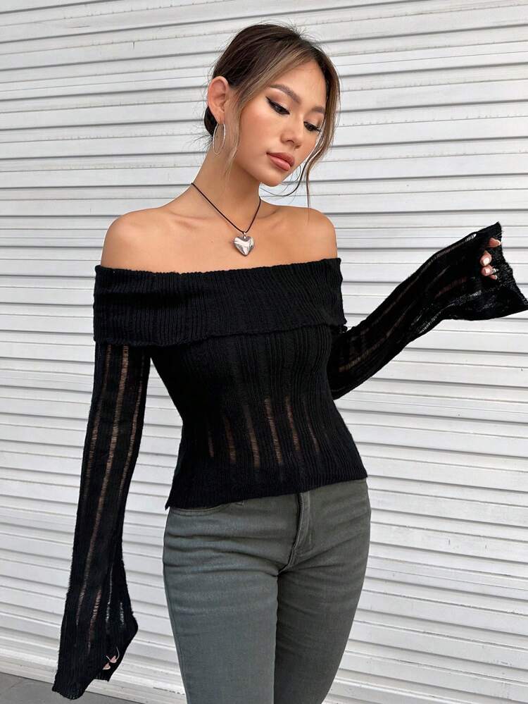 Off Shoulder Foldover Flare Sleeve Sweater