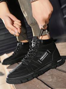 Men Letter Graphic Lace-up Front Combat Boots, Fashion Outdoor Boots - Black - View 2
