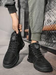 Men Letter Graphic Lace-up Front Combat Boots, Fashion Outdoor Boots - Black - View 4