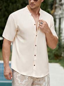 Manfinity VCAY 男士素色前紐扣襯衫無項鏈 - 米色 - 查看 6