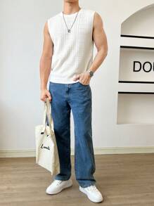 SWAVVY 男士纯色镂空针织毛衣背心，无袖，度假，时尚，男友礼物，纯色 - 白色 - 查看 4