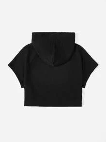 SHEIN Coolane Letter Graphic Drawstring Hooded Crop Tee - Black - View 2