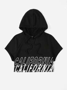SHEIN Coolane Letter Graphic Drawstring Hooded Crop Tee - Black - View 3