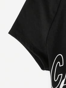 SHEIN Coolane Letter Graphic Drawstring Hooded Crop Tee - Black - View 4