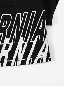 SHEIN Coolane Letter Graphic Drawstring Hooded Crop Tee - Black - View 5