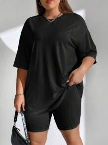 SHEIN EZwear 大碼落肩T恤和騎行褲 - 黑色 - 查看 1