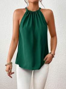SHEIN Privé Top Halter com decote em V sólido e costas abertas Top verde esmeralda Top verde feminino Top verde escuro - Verde escuro - Ver 4