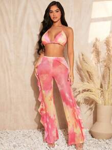 SHEIN SXY Tie Dye Backless Halter Top & Ruffle Trim Pants
