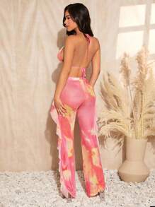 SHEIN SXY Tie Dye Backless Halter Top & Ruffle Trim Pants
