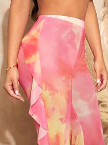 SHEIN SXY Tie Dye Backless Halter Top & Ruffle Trim Pants