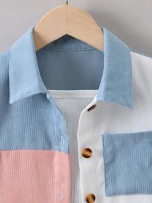 SHEIN Young Girl Colourblock Patched Pocket Button Front Shirt Without Tee - Multicolor - View 3