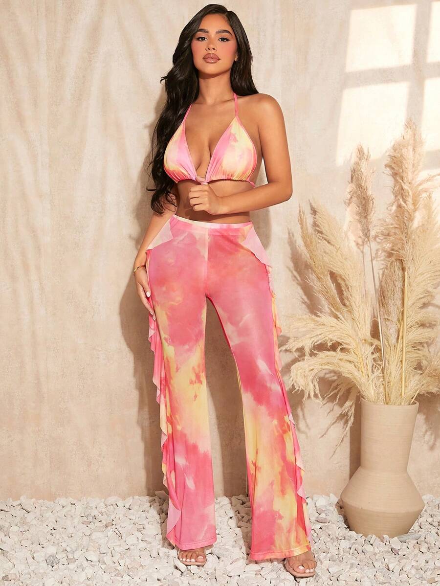 SHEIN SXY Tie Dye Backless Halter Top & Ruffle Trim Pants