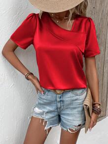 SHEIN Clasi Chất rắn Cổ không đối xứng Ống tay áo Áo sơ mi - Đỏ - Xem 3