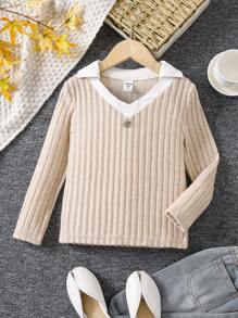 SHEIN Young Girl Contrast Trim Ribbed Knit Tee - Khaki - View 1