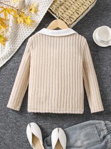 SHEIN Young Girl Contrast Trim Ribbed Knit Tee - Khaki - View 2