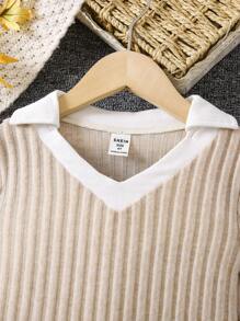 SHEIN Young Girl Contrast Trim Ribbed Knit Tee - Khaki - View 3